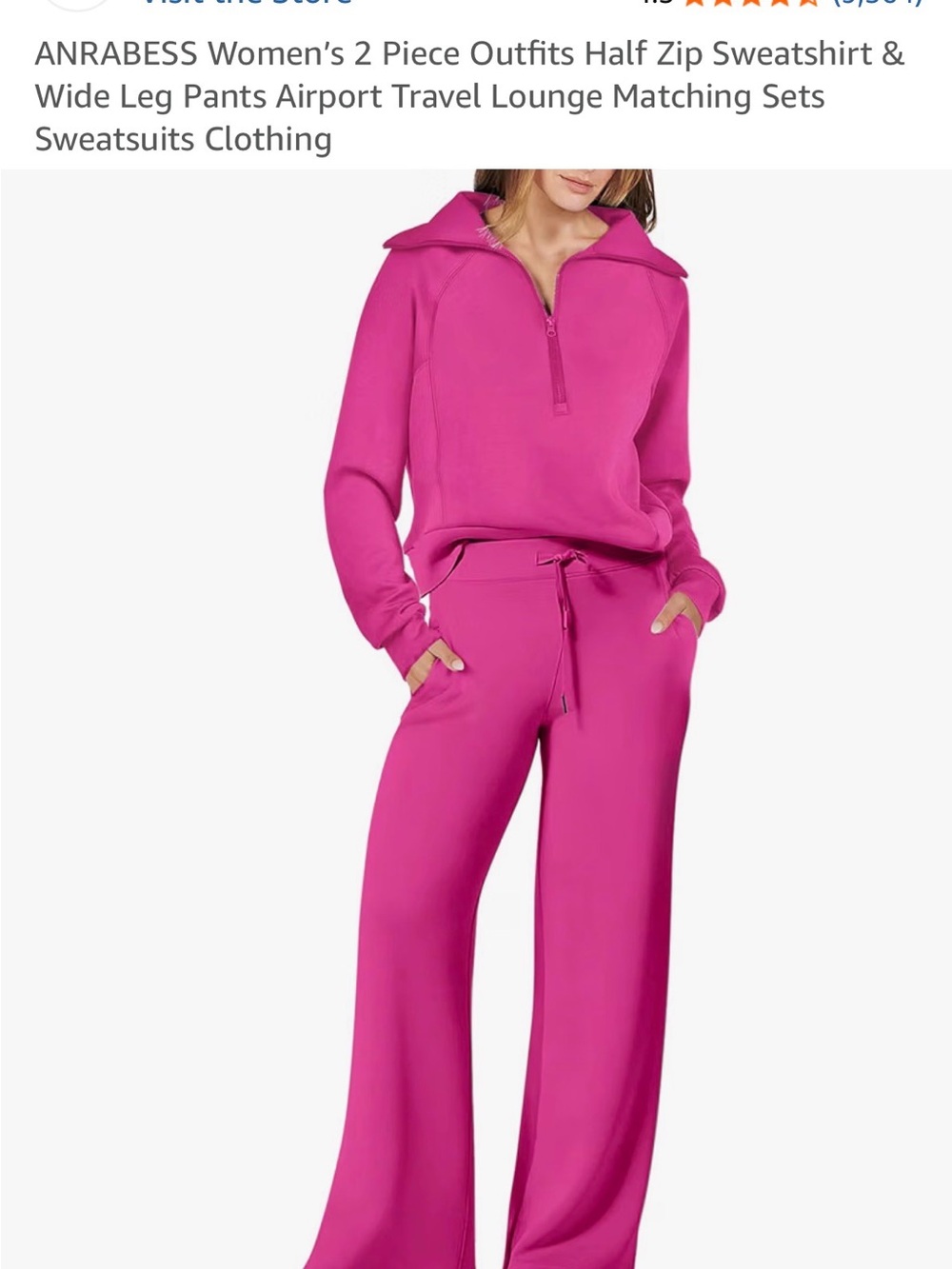 ANRABESS Women's Pink Wide Leg Track Pants & Half-Zip Sweatshirt Set